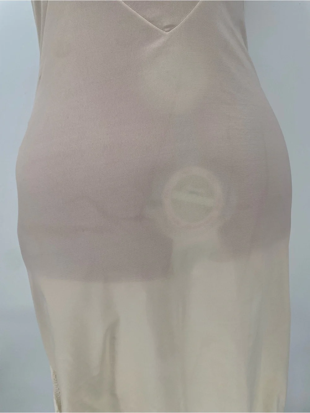 Vintage Cream Nude 100% Nylon Midi Length Full Slip Dress W/ Waist Panels - Picture 2 of 12
